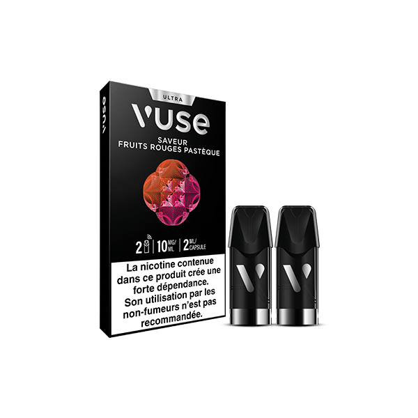Vuse Ultra Saveur Fruits Rouges Pastèque de VUSE est présenté dans une boîte contenant deux capsules noires. Avertissement français : la nicotine crée une dépendance ; l'utilisation par des non-fumeurs n'est pas recommandée.