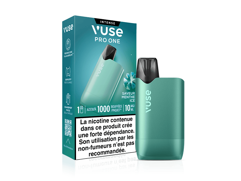 Vuse | Une cigarette électronique Vuse Pro One de couleur bleu sarcelle est posée devant son emballage assorti, portant les mentions « Intense » et « Saveur Menthe Ice ». L'emballage indique 1 000 bouffées et une concentration en nicotine de 10 mg/ml, ainsi qu'un avertissement en français sur la dépendance à la nicotine. | Cigarettes Electroniques et Recharges