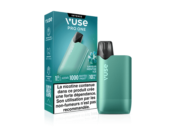 Vuse | Une cigarette électronique Vuse Pro One de couleur bleu sarcelle est posée devant son emballage assorti, portant les mentions « Intense » et « Saveur Menthe Ice ». L'emballage indique 1 000 bouffées et une concentration en nicotine de 10 mg/ml, ainsi qu'un avertissement en français sur la dépendance à la nicotine. | Cigarettes Electroniques et Recharges