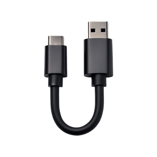 Vuse | Un petit câble noir muni d'un connecteur USB-A à une extrémité et d'un connecteur USB-C à l'autre, représenté sur un fond blanc uni. | Cigarettes Electroniques et Recharges