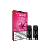 Une boîte de VUSE Recharges Gamme Intense Saveur Litchi Grenade avec des graphismes roses est présentée à côté de deux vape pods noirs. L'étiquette française mentionne 10 mg/ml de nicotine et affiche un avertissement sur la nicotine.