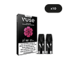 Une boîte de dosettes de vape VUSE Vuse Ultra Saveur Framboise Rouge avec deux dosettes noires à l'avant. Un avertissement en français indique 10 mg/ml de nicotine et un risque de dépendance. Un symbole noir x10 apparaît dans le coin supérieur droit.