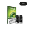 Un paquet de dosettes VUSE Recharge Gamme Intense Saveur Pomme Verte de couleur verte avec deux capsules noires à l'avant, une étiquette "x10" en haut à droite, et un texte d'avertissement sur la nicotine en français sur l'emballage.