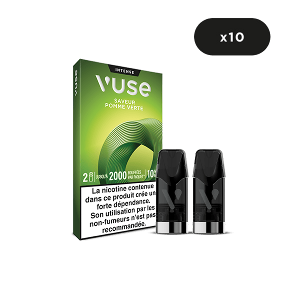 Un paquet de dosettes VUSE Recharge Gamme Intense Saveur Pomme Verte de couleur verte avec deux capsules noires à l'avant, une étiquette 