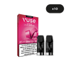 Une boîte de VUSE Recharges Gamme Intense Saveur Litchi Grenade présente deux dosettes à l'avant. L'emballage met en évidence 2 dosettes, jusqu'à 2000 bouffées, un taux de nicotine de 10 mg/ml et une étiquette "x10" au-dessus de la boîte.