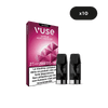 Un paquet de VUSE Recharges Gamme Intense Saveur Açai Cassis Ice est présenté avec deux vape pods devant, une étiquette "x10" en haut à droite, et un avertissement de nicotine en français sur l'emballage.