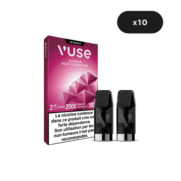 Un paquet de VUSE Recharges Gamme Intense Saveur Açai Cassis Ice est présenté avec deux vape pods devant, une étiquette 