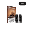 Une boîte de vape VUSE Recharge Gamme Intense Saveur Classique Crème avec deux dosettes à l'avant et une icône x10 indiquant qu'il s'agit d'un paquet de 10. Un avertissement sur la nicotine en français apparaît au bas de la boîte.
