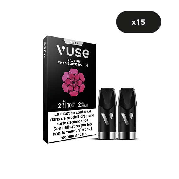 Un paquet de vape Vuse Ultra Saveur Framboise Rouge avec deux capsules noires VUSE Ultra à côté. L'emballage présente un graphisme de framboise, un avertissement de 10 mg/ml de nicotine en français et une icône x15 en haut à droite.