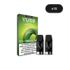Un pack de vape VUSE Recharge Gamme Intense Saveur Pomme Verte vert avec deux dosettes noires à l'avant, une étiquette d'avertissement sur la nicotine et un cercle noir x15 en haut à droite. Savourez le goût rafraîchissant de Pomme Verte.