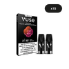 L'image montre une boîte de VUSE Vuse Ultra Saveur Fruits Rouges Pastèque avec deux dosettes à côté sous une étiquette x15, et un emballage français affichant un avertissement de 10 mg de nicotine.