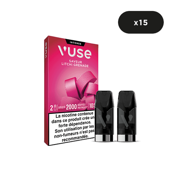 Une boîte de VUSE Recharges Gamme Intense Saveur Litchi Grenade (10 mg/ml de nicotine) est représentée avec deux dosettes à l'avant. Un ovale noir en haut à droite indique x15, ce qui correspond à un paquet de 15.
