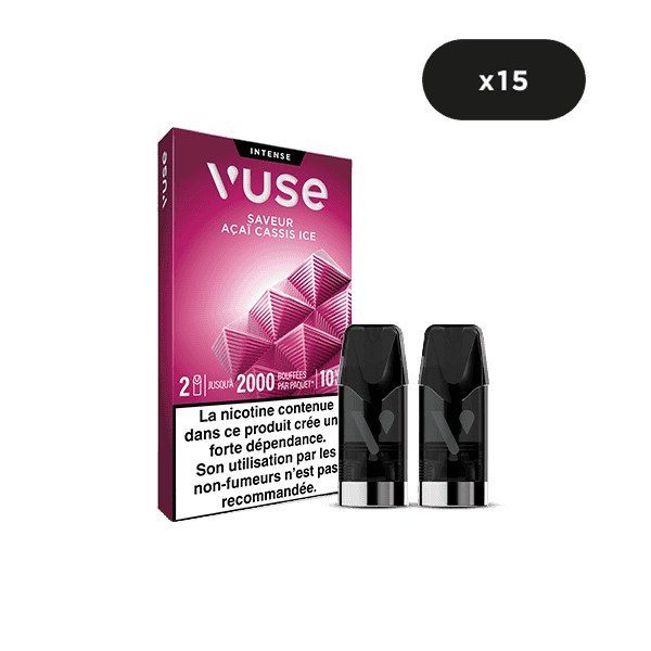 VUSE Recharges Gamme Intense Saveur Açai Cassis Ice box avec deux vape pods et une étiquette x15. L'emballage comporte un texte en français et un avertissement sur la nicotine.