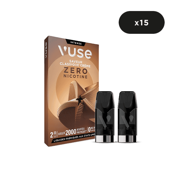 Boîte à vape VUSE Recharge Gamme Intense Saveur Classique Crème avec deux dosettes noires à l'avant et une étiquette 