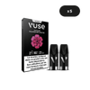 Une boîte de vape VUSE Ultra Saveur Framboise Rouge avec deux capsules VUSE Ultra à côté. Une étiquette met en garde contre une dépendance à la nicotine de 10 mg/ml. Le symbole x5 en haut à droite indique qu'il s'agit d'un paquet de cinq.