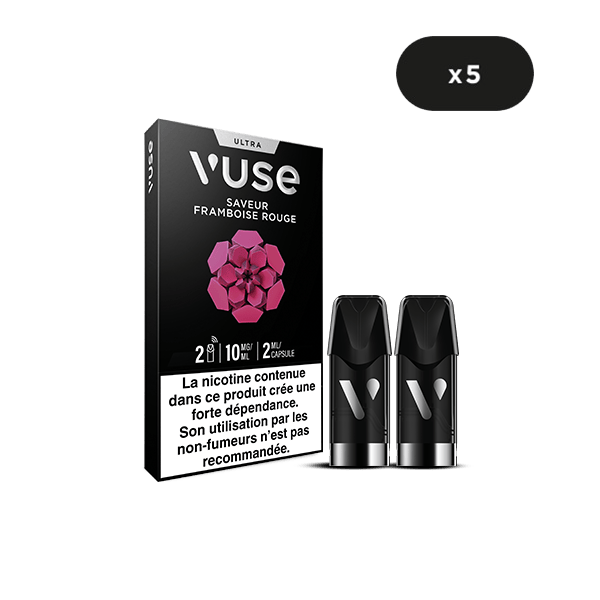 Une boîte de vape VUSE Ultra Saveur Framboise Rouge avec deux capsules VUSE Ultra à côté. Une étiquette met en garde contre une dépendance à la nicotine de 10 mg/ml. Le symbole x5 en haut à droite indique qu'il s'agit d'un paquet de cinq.