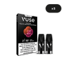Une boîte de VUSE Ultra Saveur Fruits Rouges Pastèque avec deux dosettes à l'avant. Une icône "x5" indique qu'il s'agit d'un paquet de 5. Le texte français indique que ces e-cigarettes contiennent 10 mg de nicotine, ce qui crée une dépendance.