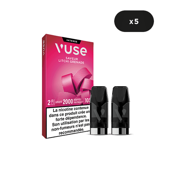 Un paquet de VUSE Recharges Gamme Intense Saveur Litchi Grenade avec deux capsules est représenté, avec un cercle noir marqué 
