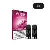 Un paquet de VUSE Recharges Gamme Intense Saveur Açai Cassis Ice avec deux capsules est présenté à côté de la boîte. Un cercle en haut à droite indique x5. L'emballage rose et blanc comporte un texte en français et un avertissement sur la nicotine.