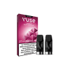 Une boîte de VUSE Recharges Gamme Intense Saveur Açai Cassis Ice avec deux vape pods noirs à côté. La boîte, principalement rose et blanche, comporte un texte en français avertissant de la teneur en nicotine.