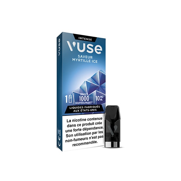 L'emballage de VUSE 1 Pod Saveur Myrtille Ice présente des motifs géométriques bleus, un texte en français et une petite capsule de vaporisation noire à côté de la boîte. Une étiquette d'avertissement sur la dépendance à la nicotine apparaît au bas de l'emballage, mentionnant Saveur Myrtille Ice.