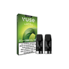 VUSE Recharge Gamme Intense Saveur Pomme Verte présente une boîte verte avec un avertissement sur la nicotine en français et comprend deux dosettes d'e-cigarette noires présentées à l'avant.