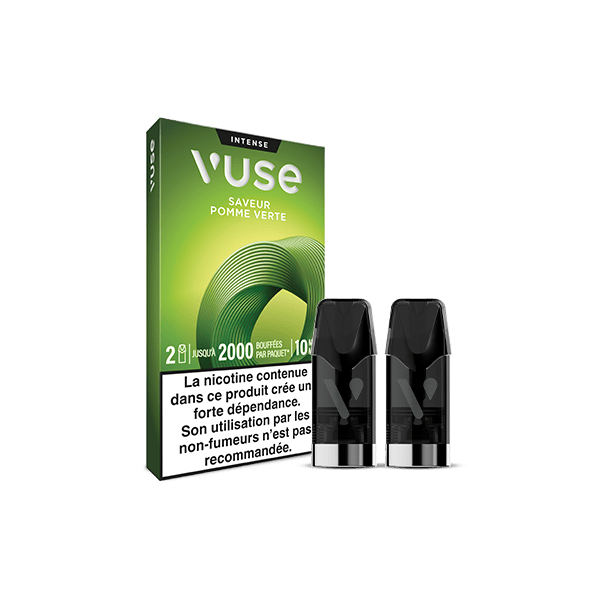 VUSE Recharge Gamme Intense Saveur Pomme Verte présente une boîte verte avec un avertissement sur la nicotine en français et comprend deux dosettes d'e-cigarette noires présentées à l'avant.