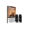 Une boîte de VUSE Recharge Gamme Intense Saveur Classique Crème est présentée à côté de deux dosettes de vapotage noires. Un texte en français met en garde contre la dépendance à la nicotine. L'emballage brun et blanc met en valeur la riche saveur Classique Crème.