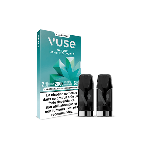 Une boîte de VUSE Recharge Gamme Classique Saveur Menthe Glaciale est présentée avec deux dosettes noires à l'avant. L'emballage présente un motif de menthe, 2000 bouffées, 6 mg/ml de nicotine et un avertissement sanitaire français.