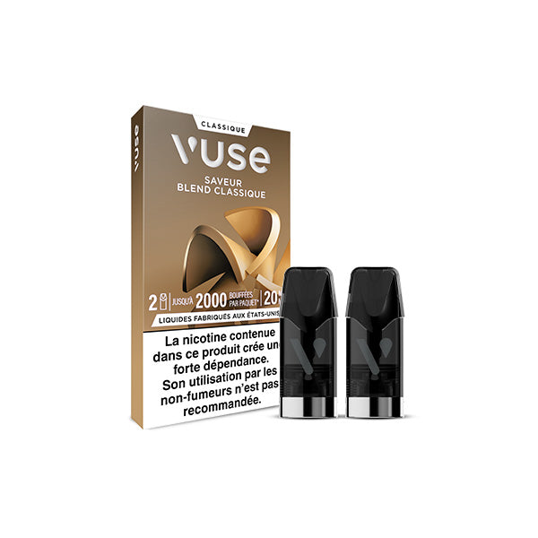 L'illustration montre une boîte de Recharge Gamme Classique Saveur Blend Classique VUSE avec deux dosettes de recharge noires. L'emballage brun et blanc affiche les détails du produit en français et un avertissement sur la nicotine au bas de l'emballage.