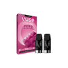 Une boîte rose de VUSE Recharge Gamme Intense Saveur Fruits Rouges Intense Zero Nicotine avec deux capsules noires placées devant.