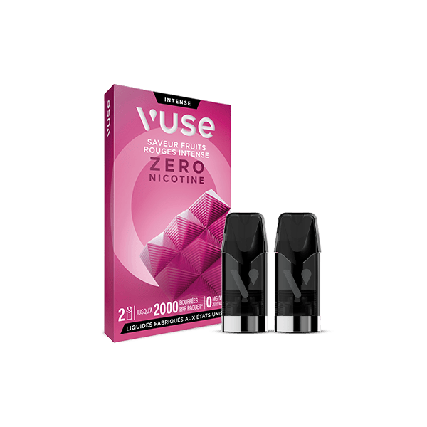 Une boîte rose de VUSE Recharge Gamme Intense Saveur Fruits Rouges Intense Zero Nicotine avec deux capsules noires placées devant.