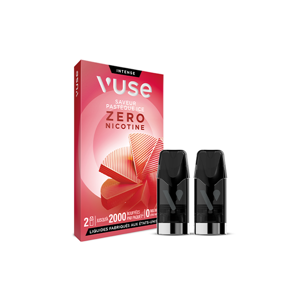 Une boîte à glace rouge VUSE Recharge Gamme Intense Saveur Pastèque est présentée à côté de deux dosettes noires, avec des images de pastèque et un texte mettant en avant 2000 bouffées, zéro nicotine et deux dosettes.