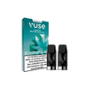Le paquet Recharge Gamme Classique Saveur Menthe Glaciale de VUSE contient deux capsules noires, présente la saveur menthe, affiche un avertissement nicotinique en français et a un fond entièrement blanc.