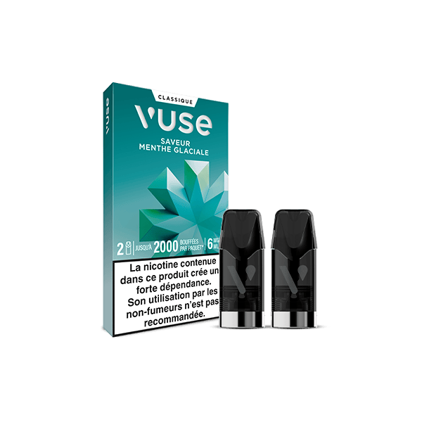 Le paquet Recharge Gamme Classique Saveur Menthe Glaciale de VUSE contient deux capsules noires, présente la saveur menthe, affiche un avertissement nicotinique en français et a un fond entièrement blanc.
