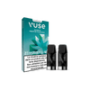 Une boîte sarcelle de VUSE Recharge Gamme Classique Saveur Menthe Glaciale avec deux vape pods noirs à côté. L'emballage indique 2000 bouffées, 10mg de nicotine, et comporte un avertissement de nicotine en français. Découvrez la fraîcheur intense du menthe à chaque bouffée.