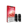 Un emballage rouge de VUSE Recharge Gamme Intense Saveur Pastèque Ice se trouve à côté de deux dosettes noires, avec un avertissement français sur la nicotine et la mention "2000 bouffées par paquet" sur l'emballage.