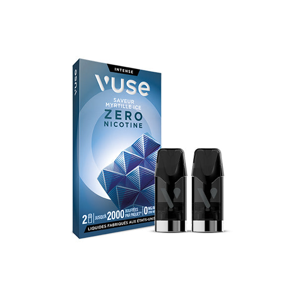 Une boîte de VUSE Recharge Gamme Intense Saveur Myrtille Ice est présentée à côté de deux dosettes de vape noires, mettant en évidence la saveur Myrtille Ice, 0 mg de nicotine, et jusqu'à 2 000 bouffées par paquet.