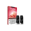 Deux dosettes sont présentées à côté d'un pack de glace VUSE Recharge Gamme Intense Saveur Pastèque rouge et blanc, soulignant la saveur rafraîchissante de la pastèque. L'étiquette française met en évidence deux dosettes pouvant contenir jusqu'à 2 000 bouffées.