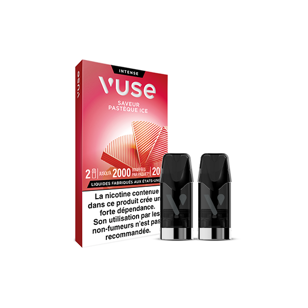 Deux dosettes sont présentées à côté d'un pack de glace VUSE Recharge Gamme Intense Saveur Pastèque rouge et blanc, soulignant la saveur rafraîchissante de la pastèque. L'étiquette française met en évidence deux dosettes pouvant contenir jusqu'à 2 000 bouffées.