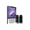 Un paquet de Recharge Gamme Intense Saveur Raisin Ice de VUSE avec deux dosettes noires à côté. L'emballage violet et géométrique affiche un texte en français et un avertissement sur la dépendance à la nicotine.