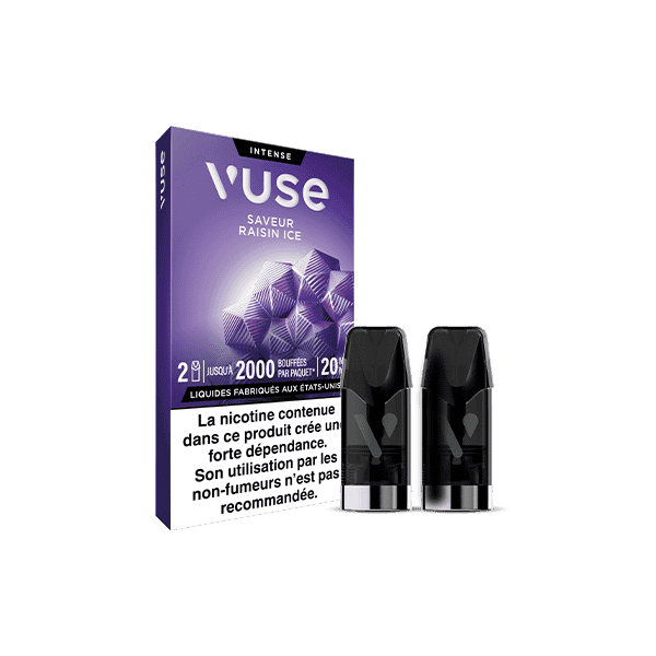 Un paquet de Recharge Gamme Intense Saveur Raisin Ice de VUSE avec deux dosettes noires à côté. L'emballage violet et géométrique affiche un texte en français et un avertissement sur la dépendance à la nicotine.