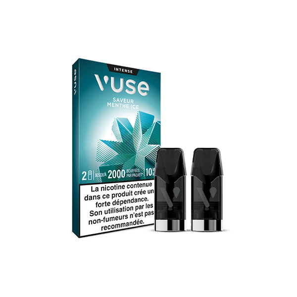 Une boîte de VUSE Recharge Gamme Intense Saveur Menthe Ice est présentée à côté de deux cartouches de vapotage noires, l'emballage affichant une image de feuille de menthe et un avertissement de dépendance à la nicotine en français.