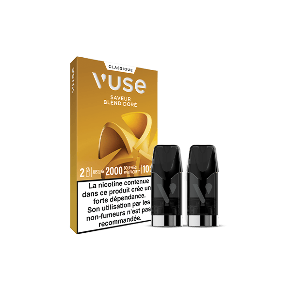 Un pack de vape VUSE Recharge Gamme Classique Saveur Blend Doré avec deux capsules noires est présenté. La boîte dorée et blanche comporte un texte en français, indique 2 dosettes, 2000 bouffées et un avertissement sur la nicotine.