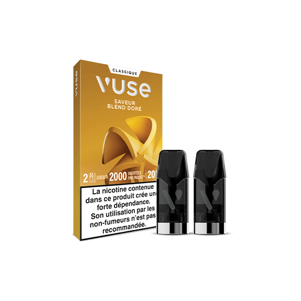 Un paquet de VUSE Recharge Gamme Classique Saveur Blend Doré avec 2 dosettes noires à l'avant. L'emballage indique 2 dosettes, 2000 bouffées par dosette, un taux de nicotine de 20mg, et un avertissement de nicotine en français. Idéal pour une pause au café.