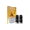 Une boîte de dosettes de vapotage VUSE Recharge Gamme Classique Saveur Blend Doré est présentée à côté de deux capsules Blend Doré noires. L'emballage comporte des informations sur le produit en français et un avertissement sur la nicotine en noir et blanc au bas de l'emballage.
