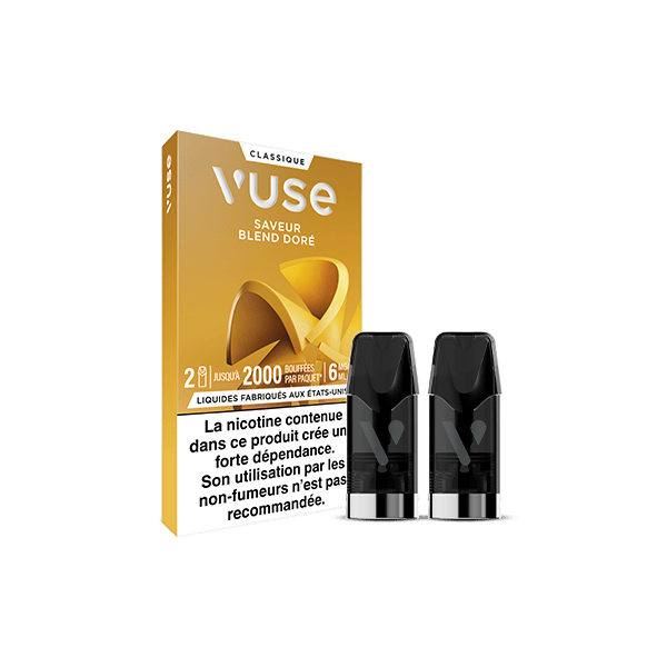 Une boîte de dosettes de vapotage VUSE Recharge Gamme Classique Saveur Blend Doré est présentée à côté de deux capsules Blend Doré noires. L'emballage comporte des informations sur le produit en français et un avertissement sur la nicotine en noir et blanc au bas de l'emballage.