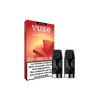 Une boîte VUSE rouge étiquetée "Recharges Gamme Intense Saveur Pastèque Melon" et "nicotine 10 mg/ml" se trouve derrière deux dosettes de vapotage noires, avec un avertissement français sur la dépendance à la nicotine.