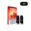 L'image montre une boîte rouge de VUSE Recharges Gamme Intense Saveur Pastèque Melon avec deux dosettes noires sur le devant, une étiquette "x10" au-dessus, et un texte français mettant en garde contre la dépendance à la nicotine et indiquant 10 mg/ml de nicotine.