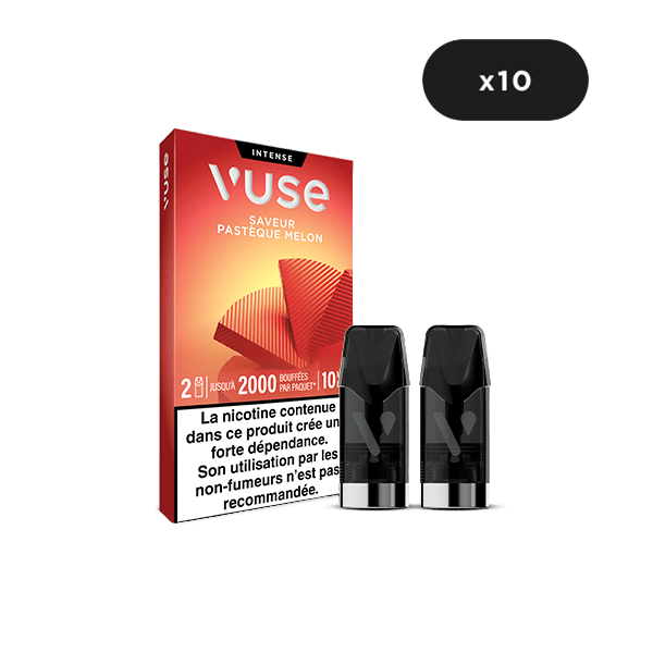 L'image montre une boîte rouge de VUSE Recharges Gamme Intense Saveur Pastèque Melon avec deux dosettes noires sur le devant, une étiquette 